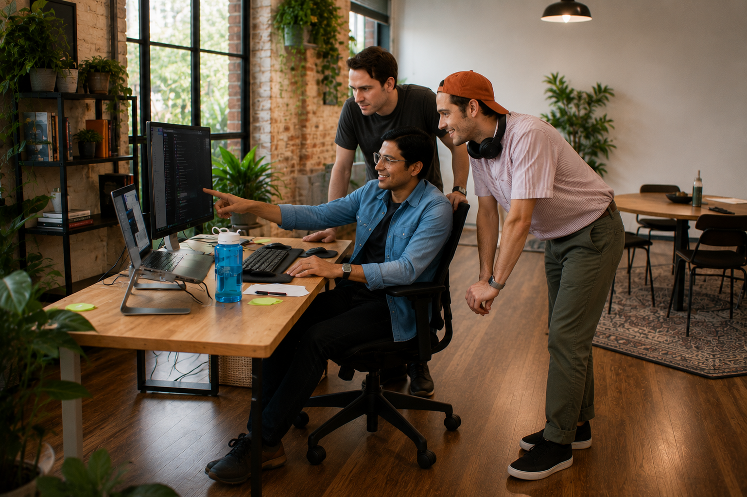 The Plumb team reviewing metrics together